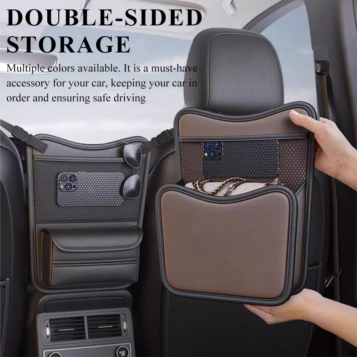 DXNQ Car Organizer Storage Between Seats, Leather Large Capacity Automobile Handbag Hanging Store Content Bag, Auto Console Organizer Holder for Snack Phone Document Storages, Car Accessories (Brown)