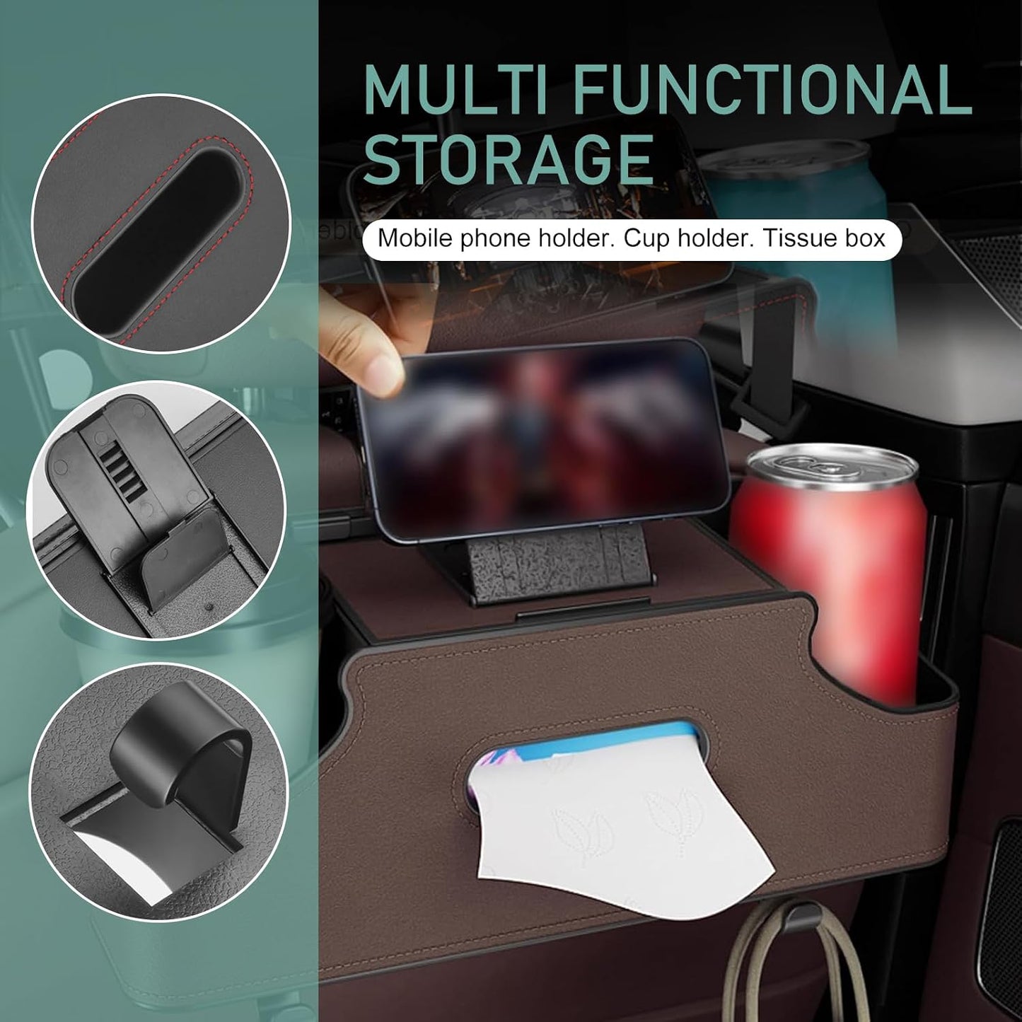 Car Seatback Organizer with Cup Holder, Leather Headseat Tissue Box and Storage Box, Multifunction Auto Rear-mounted Mobile Phone Holder, for Most Cars (Brown)