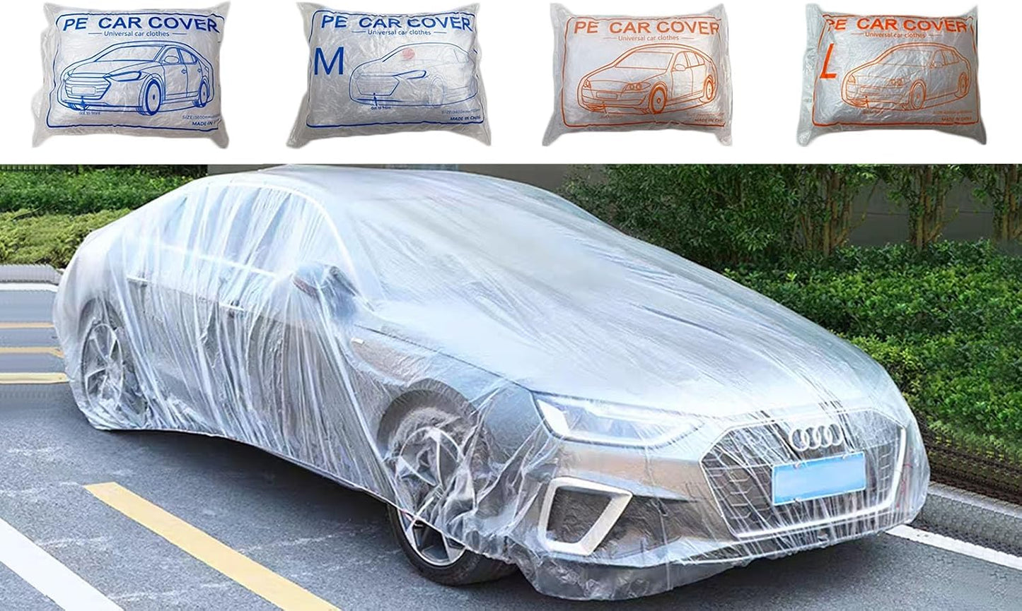 Car Essential Universal Disposable Clear Plastic Car Cover Suitable SUV Sedan (Membrane Size：12.5ft x 21.4ft) with Elastic Band for Outdoor Snow Rain Weather，Individually Packaged, Super Convenient