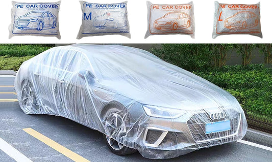Car Essential Universal Disposable Clear Plastic Car Cover Suitable SUV Sedan (Membrane Size：12.5ft x 21.4ft) with Elastic Band for Outdoor Snow Rain Weather，Individually Packaged, Super Convenient