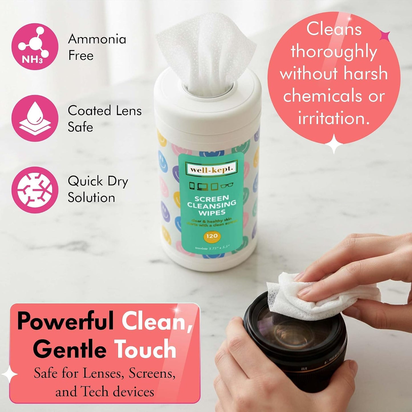 Well-Kept Tech & Lens Wipes - Eyeglass, Screen & Phone Cleaning, Multi-Surface, Lint-Free, Pre Moistened, Streak-Free & Non Scratching - NEW Size - All Smiles Canister, (120 Count)