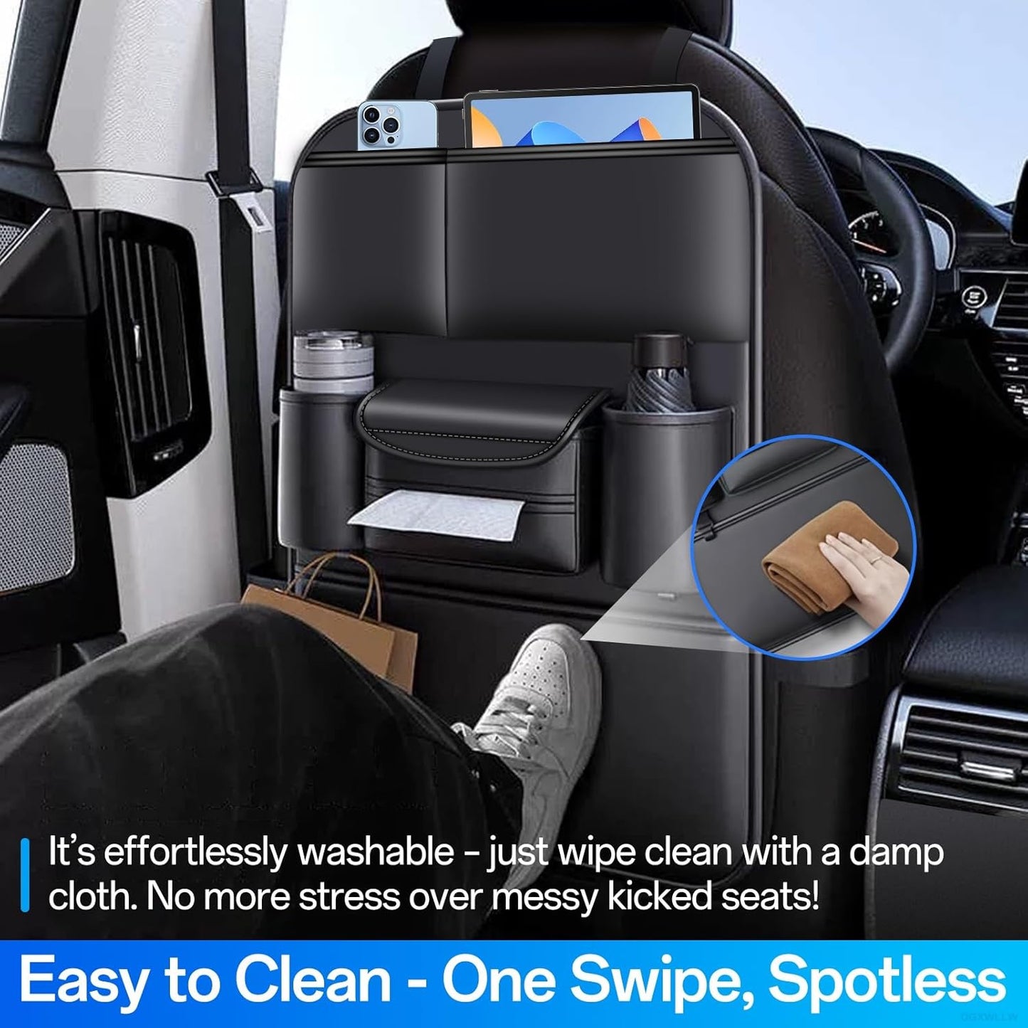 Backseat Car Organizer Leather Back of Seat Car Organizers for Kids Drivers Waterproof Kick Mats Seat Back Protector with Large Capacity 6 Storage Pockets