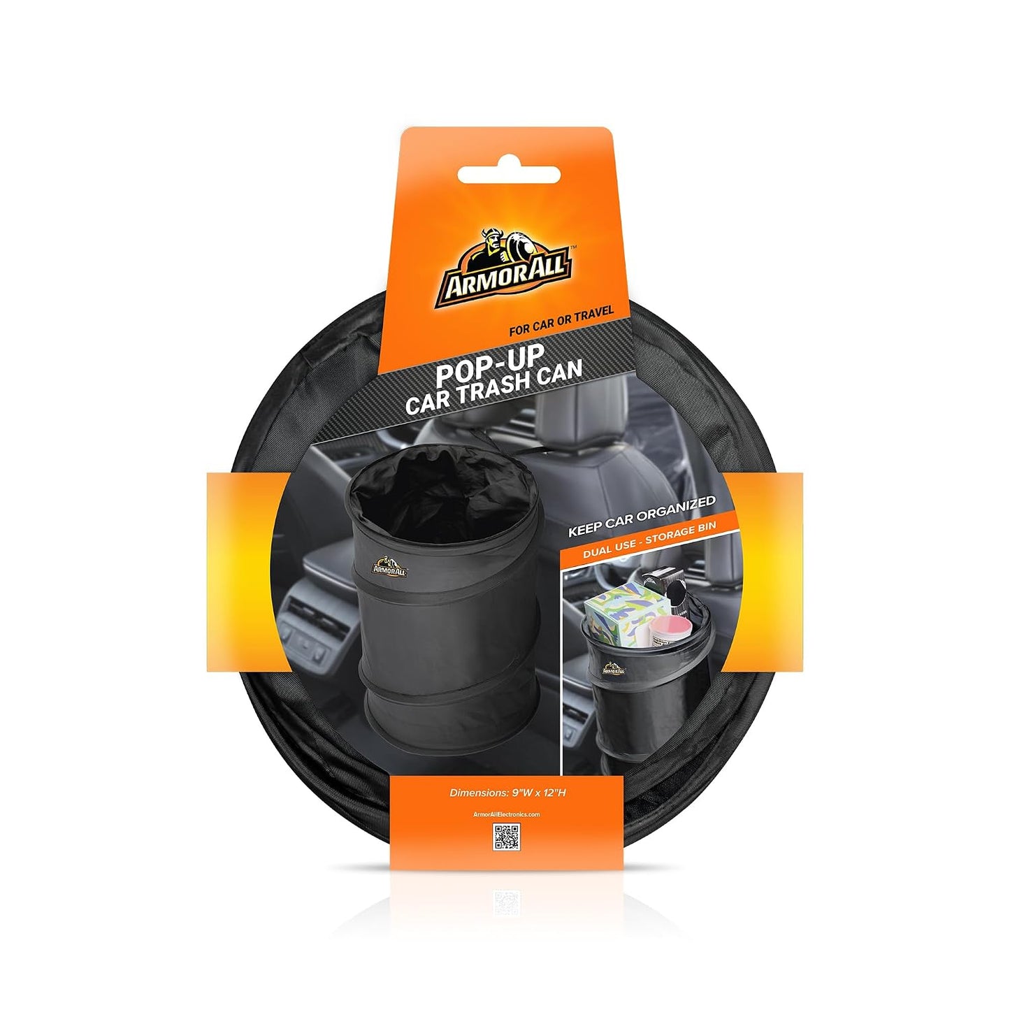 Armor All Car Trash Can, 3.3 Gallon Pop-Up Garbage Bin, Waterproof, Loop for Hanging, Velcro Base, Washable, Metal Frame, Portable Collapsible Design for Easy Storage, 12” Inch High x 9” Inch Wide