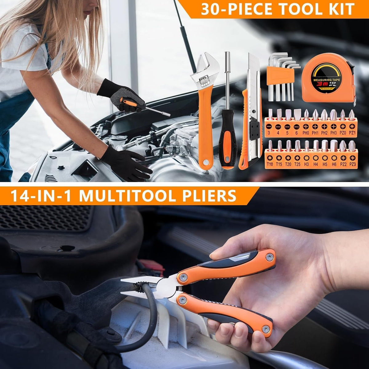 Car Emergency Kit with Portable Air Compressor - Roadside Assistance Emergency Kit with Jumper Cables, First Aid Kit, Auto Tool Set, Winter Safety Kit for Women, Men, Teen (Orange)