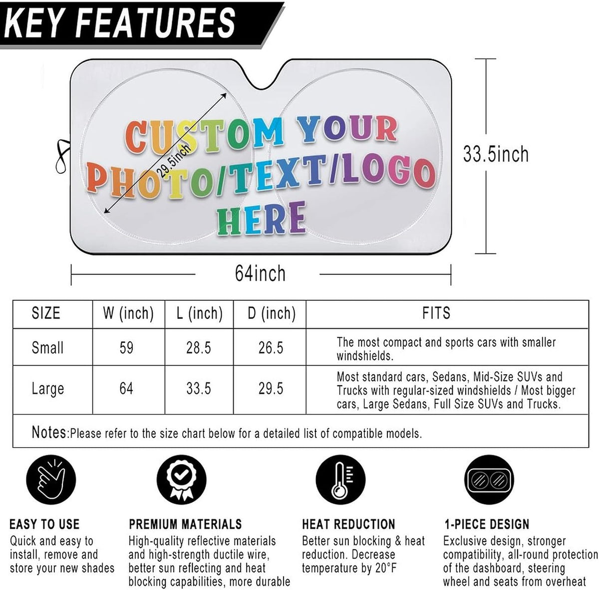 Custom Car Windshield Sunshade, 64''x33.5'' Personalized Sun Visor with Photo Text, Foldable Durable Shade Storage Pouch for Sedans SUV Trucks