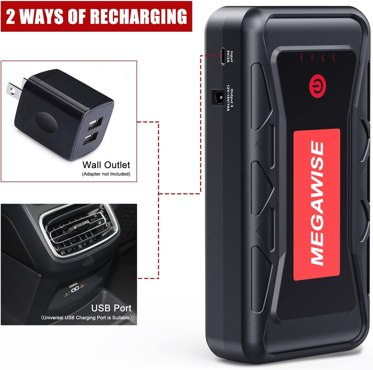 MEGAWISE 2500A 12V Jump Starter for 8.0L Gas/6.5L Diesel Engines