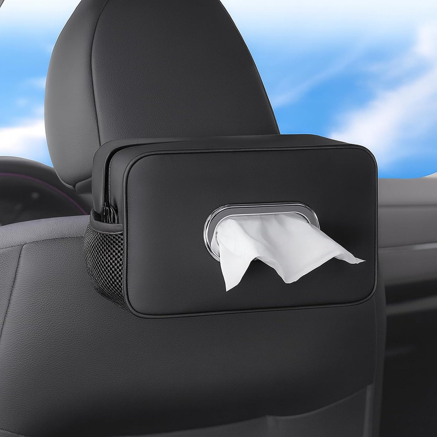 Multi-Functional Car Tissue Holder with ‌2 Storage Nets, Upgraded PU Leather Tissue Box Cover, Large Rectangle Napkin Organizer Fit for 100-160 Regular Size Tissues, Keep Car Tidy, Black