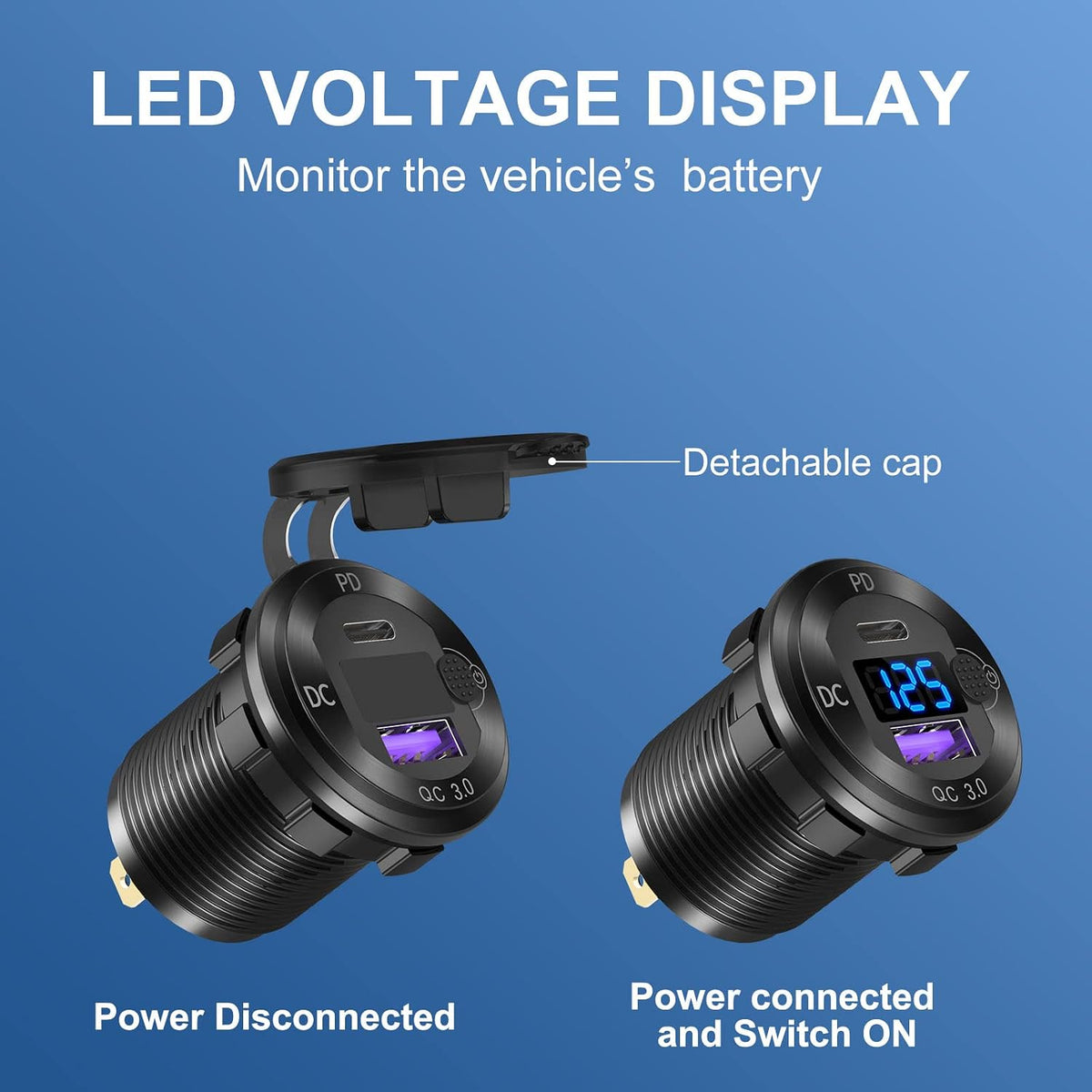 12V USB C Aluminum Car Charger Socket, 12 Volt Outlet, PD 20W and Quick Charge 3.0 18W Car USB Port Waterproof with Voltmeter & Power Switch, Suitable for Marine Truck Motorcycle Boat Golf cart RV