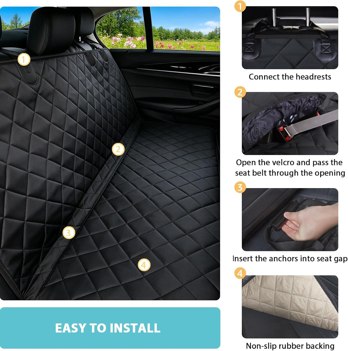Dog Car Seat Cover for Back Seat | Mesh Window & Safety Belt | 100% Waterproof Dog Hammock for Safe Travel with Side Door Protectors | Non-Slip, Scratchproof Pet Rear Seat Cover for Car, SUV,Truck