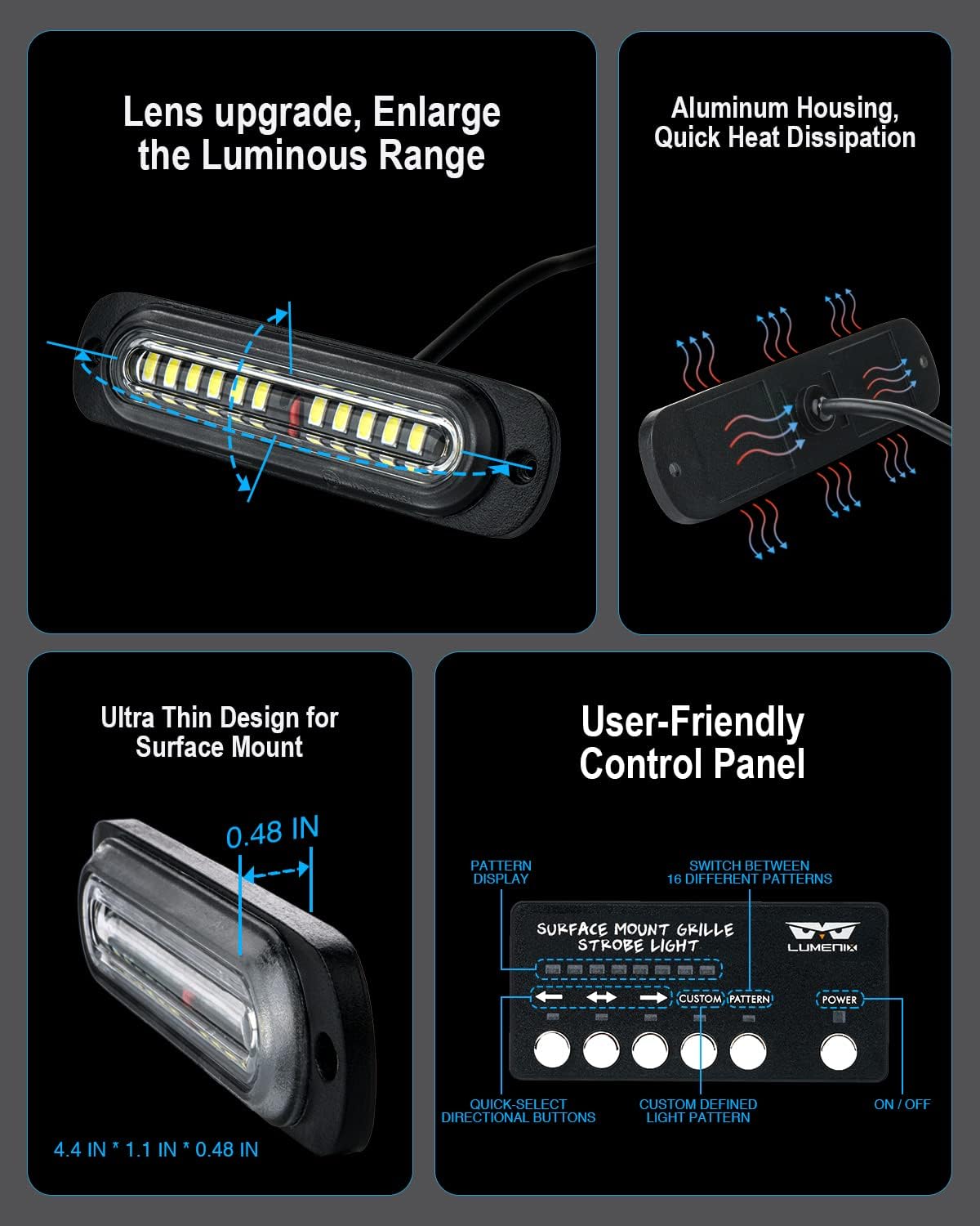 LUMENIX White Amber LED Surface Mount Strobe Flashing Lights Kit w/Controller 8PCS Grille Side Marker Emergency Warning Caution Light Assemblies for Construction Vehicles Trucks, Traffic| Sync Feature