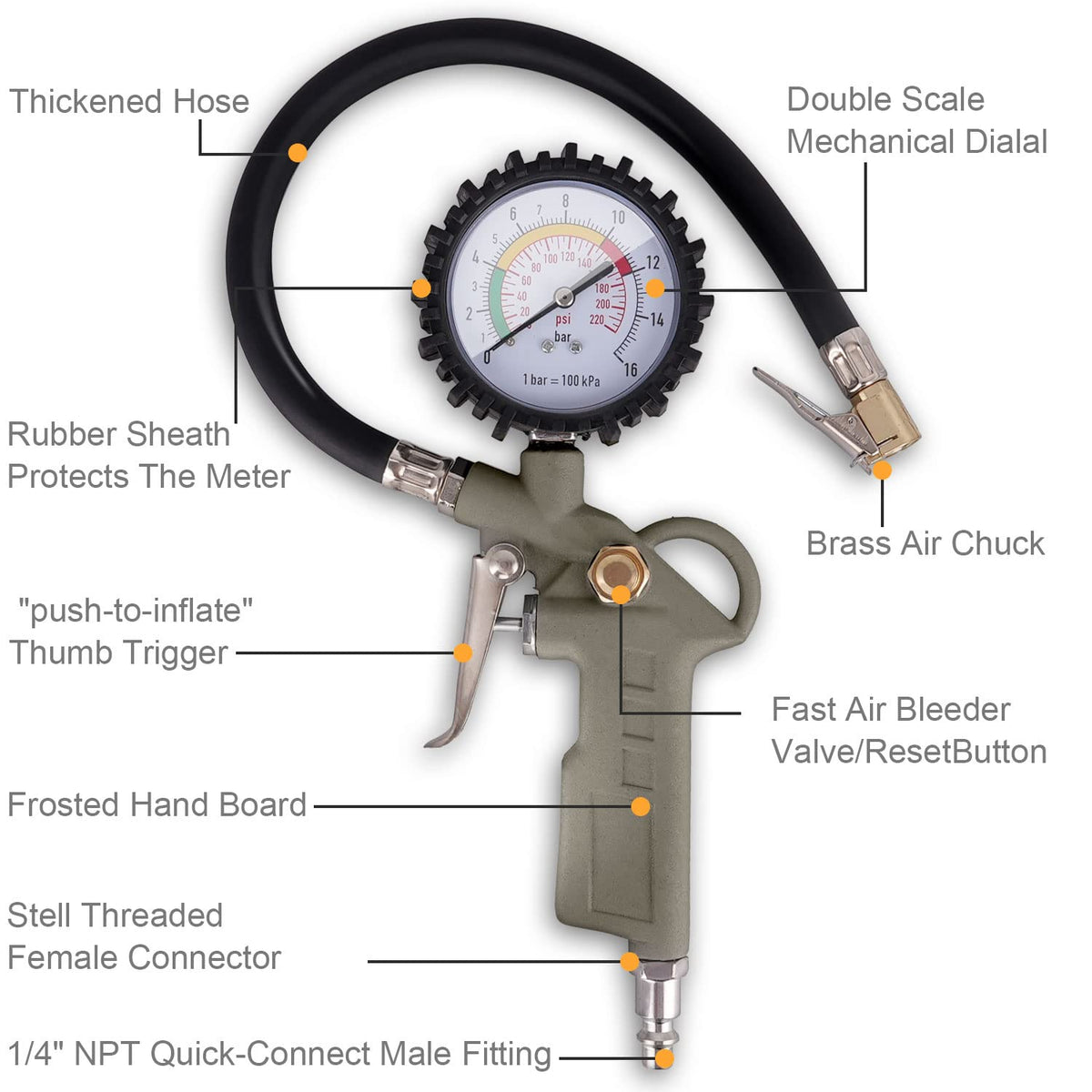 Tire Inflator with Pressure Gauge, 0-220PSI Dial Wheel Air Tire Pressure Gauge, Heavy Duty Rubber Hose with Quick Coupler, Air Compressor Tire Inflator Attachment for Cars Motorcycle Bike