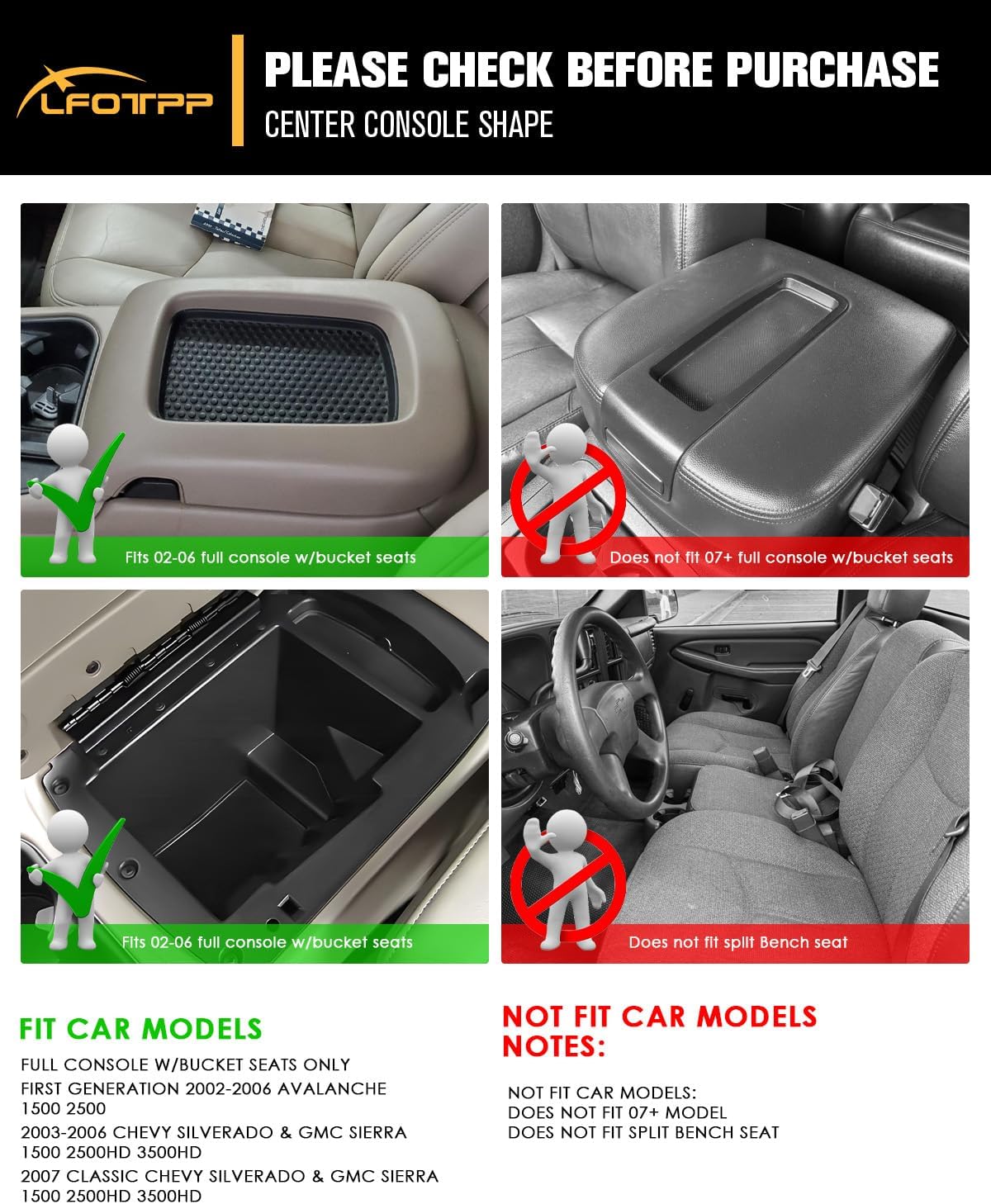 LFOTPP Silverado Center Console Organizer for 1st Gen 2003-2006 Silverado Sierra 1500 2500HD 3500HD/ 2007 Silverado Sierra Classic / 2002-2006 Avalanche Accessories - Full Console w/Bucket Seats Only