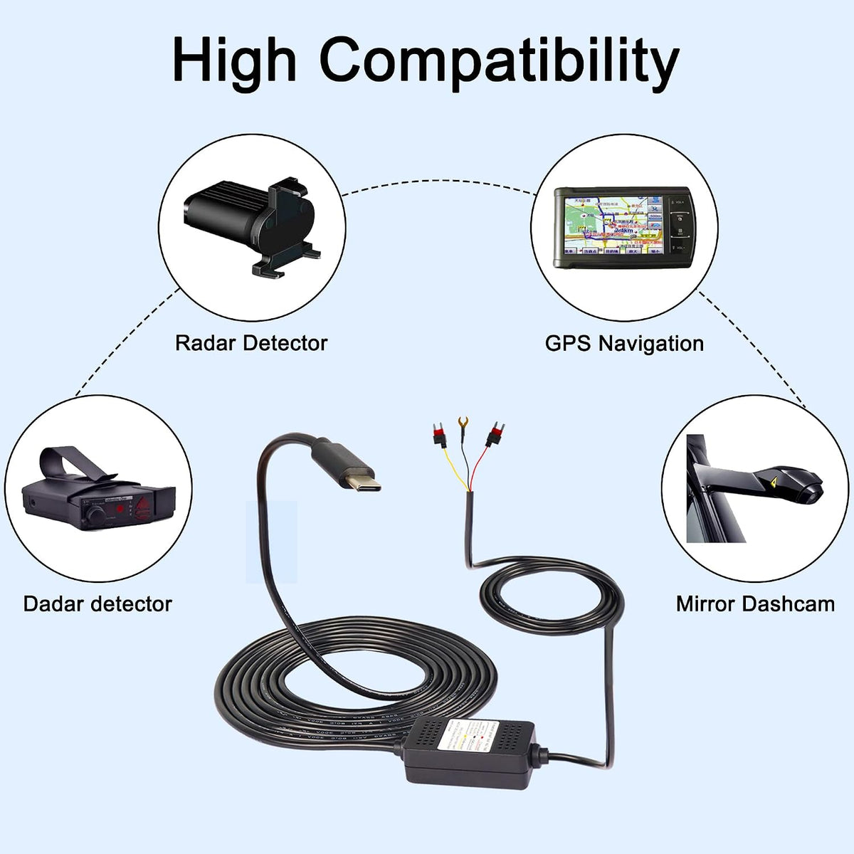 MEIRIYFA Dash Cam Acc Hardwire Kit, USB Type C Hardwire Dashcam Kit Step-Down Cable, 12V-24V to DC 5V 3A Car Dash Charger Power Cord for Cars Camera GPS（11.5FT）