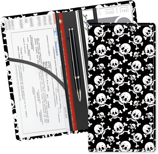 Leather Car Registration and Insurance Card Holder, Cute Car Accessories Vehicle Glove Box Car Organizer for Documents, Cards, License Black White Skulls