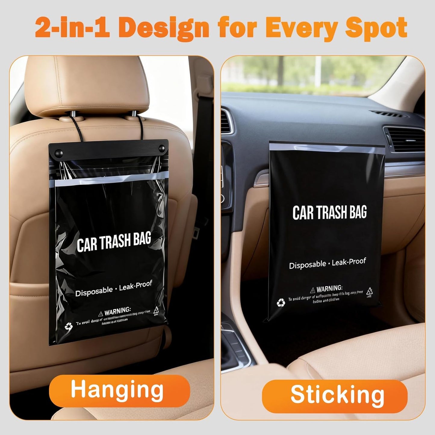 50 Count Recycled Disposable Car Trash Bags - 2.5 Gallon Heavy Duty Alternative to Bulky Car Trash Can & Car Garbage Can, Leakproof Smellproof Hanging & Stick-On Garbage Bag for Car, SUV, Truck