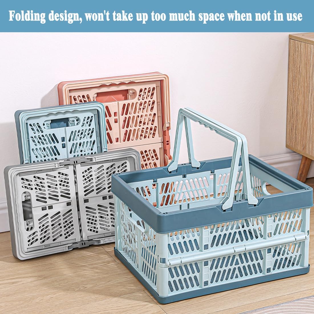 Collapsible Storage Crate with Handles, Milk Crates，33L Foldable Plastic Shopping Basket, Organizer Container for Car Home Pinic (Light pink, Large)