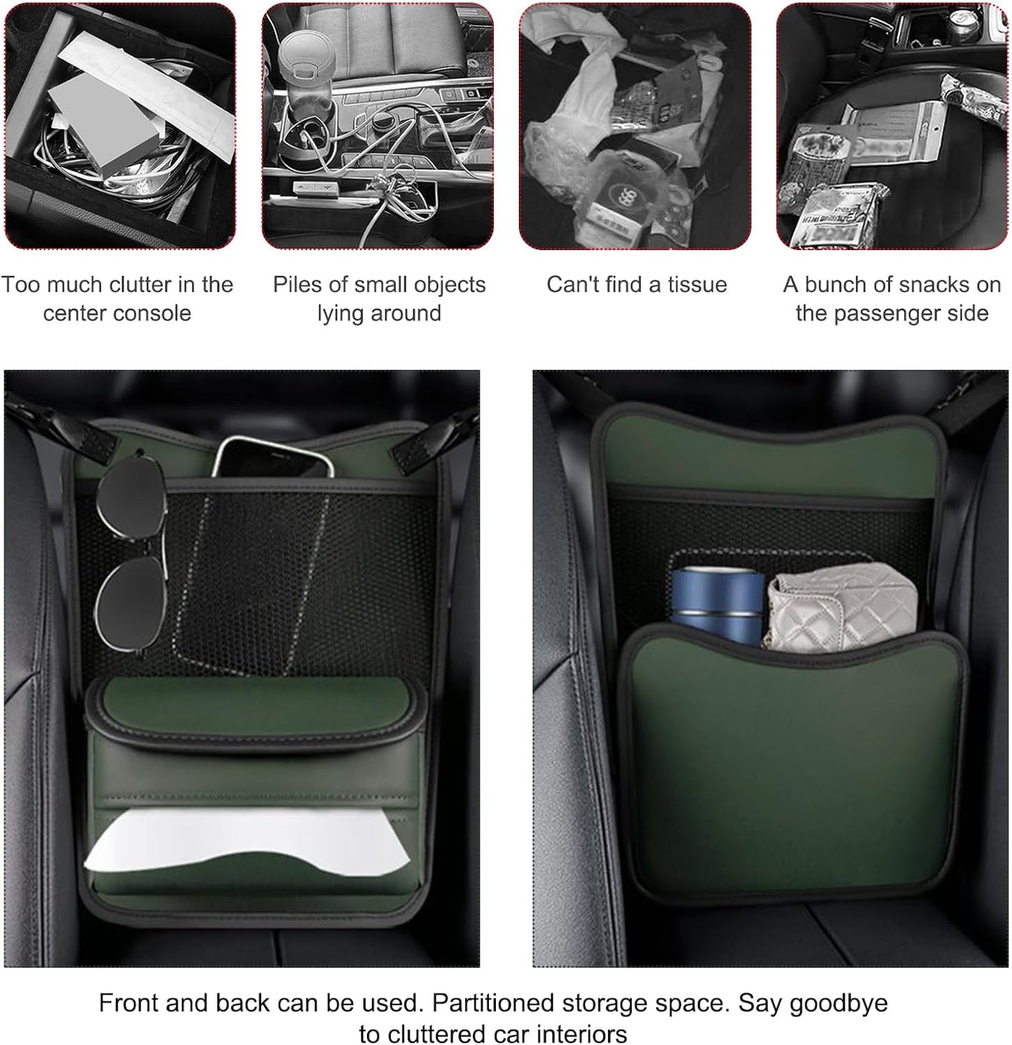 Ohleats Car Organizer Storage Between Seats, Nappa Leather Auto Handbag Holder for Document Phone Storage, Large Capacity Automotive Console Pocket Purse, Car Accessories (Green)