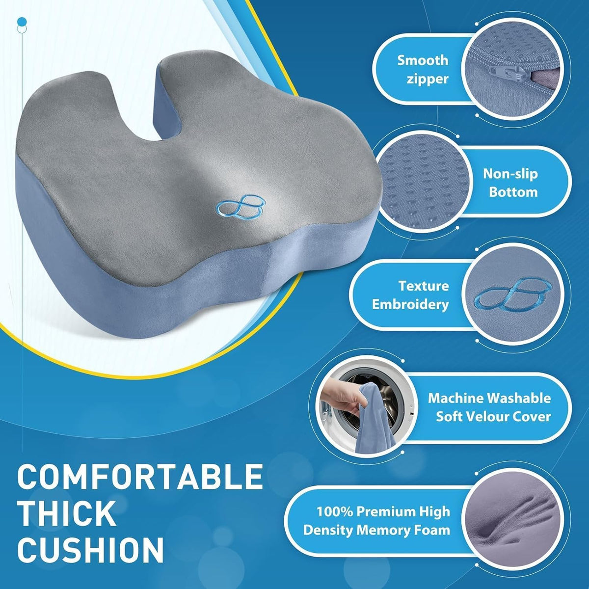 BlissTrends Memory Foam Seat Cushion for Office Chair & Car Seat Grey&Blue