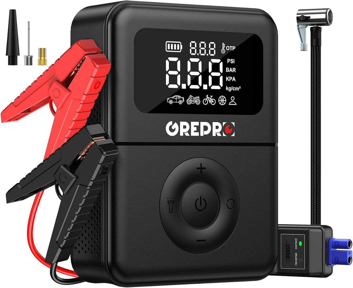 GREPRO Jump Starter with Air Compressor, 5000A Battery Jumper Starter Portable(10.0L Gas/8.0L Diesel),150PSI Tire Inflator 12V Car Battery Booster with Jumper Cables, Digital Display, LED Flashlight