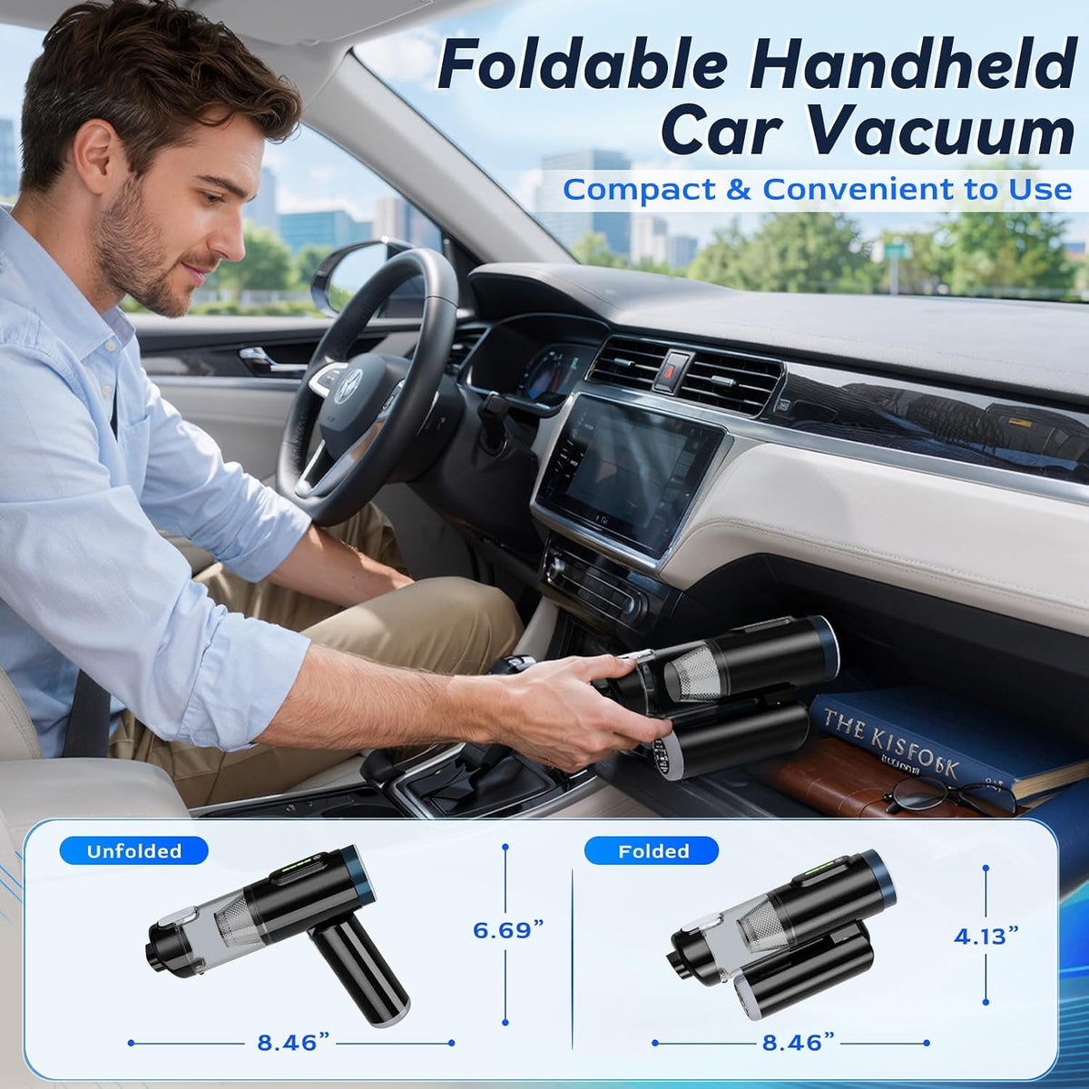 Handheld Car Vacuum Cordless, Foldable 20000Pa Portable Vacuum Cleaner with with Vacuum & Blower, Rechargeable with LED Display, USB-C Charging, Washable HEPA Filter for Car, Truck, SUV & Home