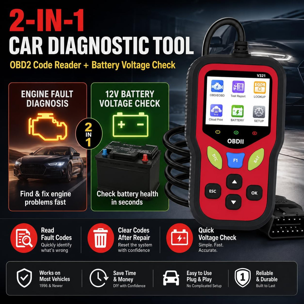 V321 OBD2 Scanner Diagnostic Tool - Erase Engine Light Code Scanner Tool with Reset, 30000+ DTC, Data Printed, Data Stream, I/M Readiness, Car & Truck Scan Tool for All Vehicles Since 1996