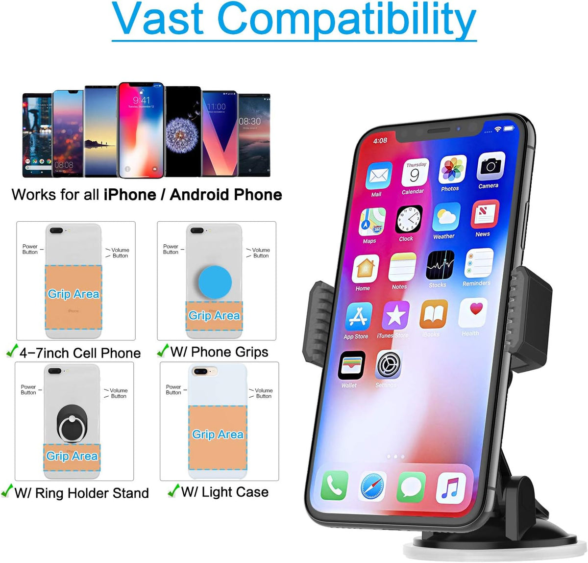 APPS2Car Suction Cup Phone Holder for Car with Adjustable Arm, Low Profile Dashboard Phone Mount Compact Windshield Window Dash Mobile Stand Compatible w/All iPhone and Android Cell Phones