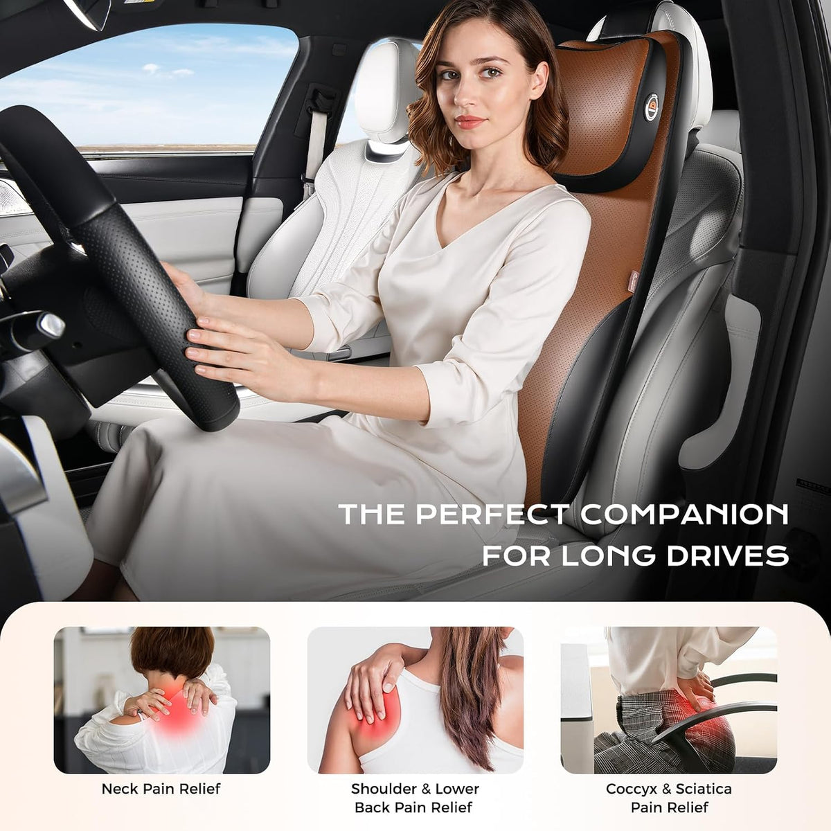 Coverado Neck and Lumbar Support for Car, Ergonomic Memory Foam& Breathable Leather Car Back Support, Adjustable-Height Velcro Design Car Neck Pillow, Car Cushion Neck Back Pain Relief, Black&Brown