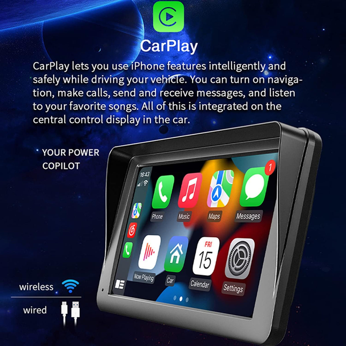 Compatible for Wireless Apple Carplay Android Auto 7 Inch Portable Car Stereo HD TouchScreen Monitor Car Radio with Bluetooth Mirrorlink FM Transmitter AUX/USB/TF Card Port Backup Camera