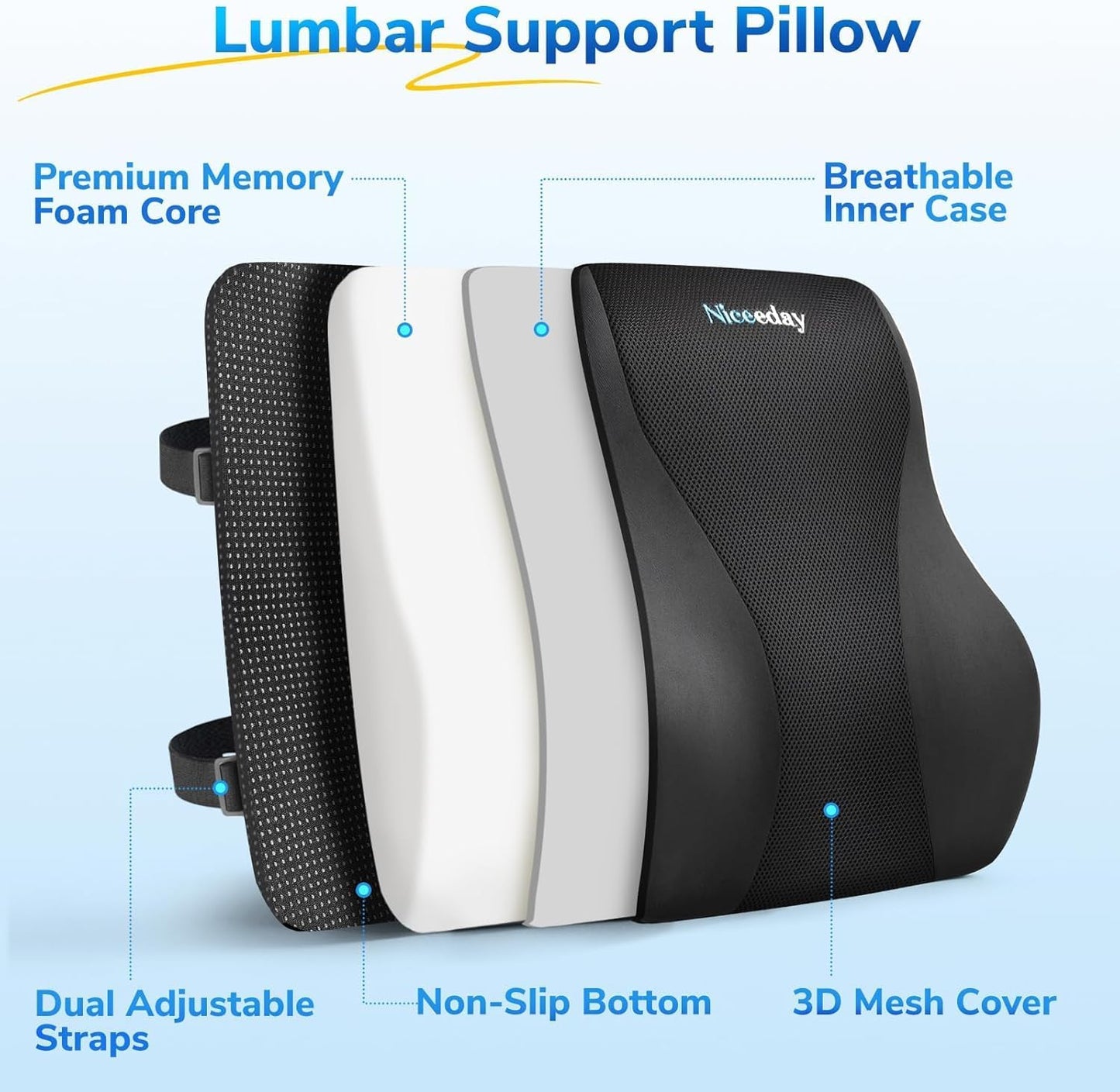 Niceeday Lumbar Support Pillow for Office Chair Car Back Support Pillow, Memory Foam Gaming Chair Desk Chair Back Cushion for Lower Back Pain Relief, Ergonomic Back Rest,Office Home Essentials