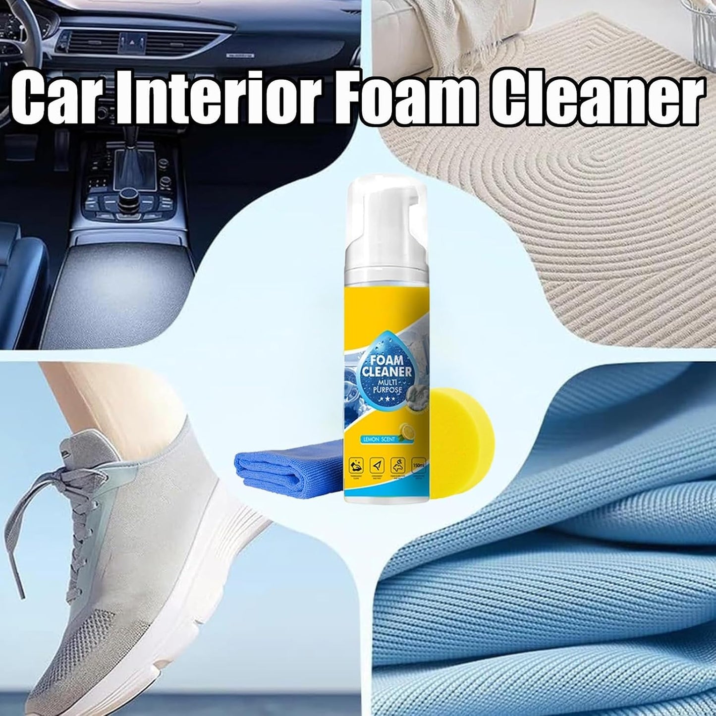 Powerful &amp; Multipurpose Car Interior Foam Cleaner, All-Purpose Rinse-Free Foam Cleaner Spray, Deep Penetration Rich Foaming Stain Remover (2 Pcs)