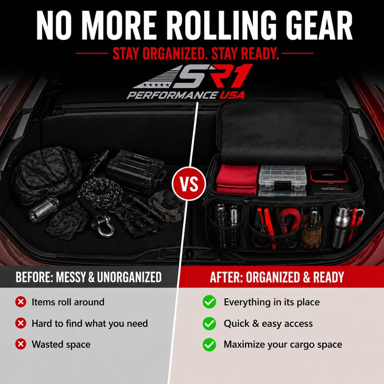 SR1 Performance USA C7 Corvette Trunk Organizer – Expandable Pop Up Collapsible Cargo Storage Caddy for 2014-2019 Chevrolet Corvettes – Black with Crossed Flags Logo