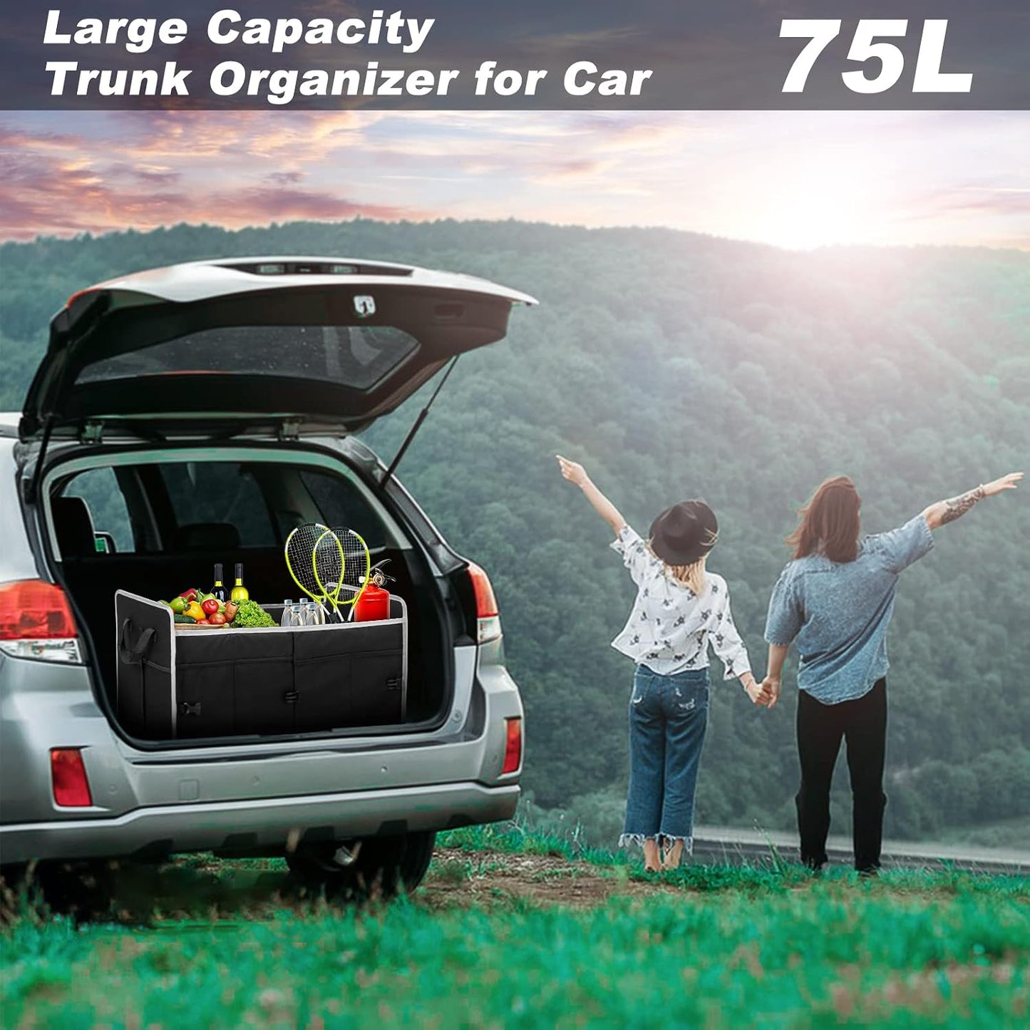Car Trunk Organizer with Individual Cooler Bag - 2 Compartment Collapsible Car Storage for SUV (Black)