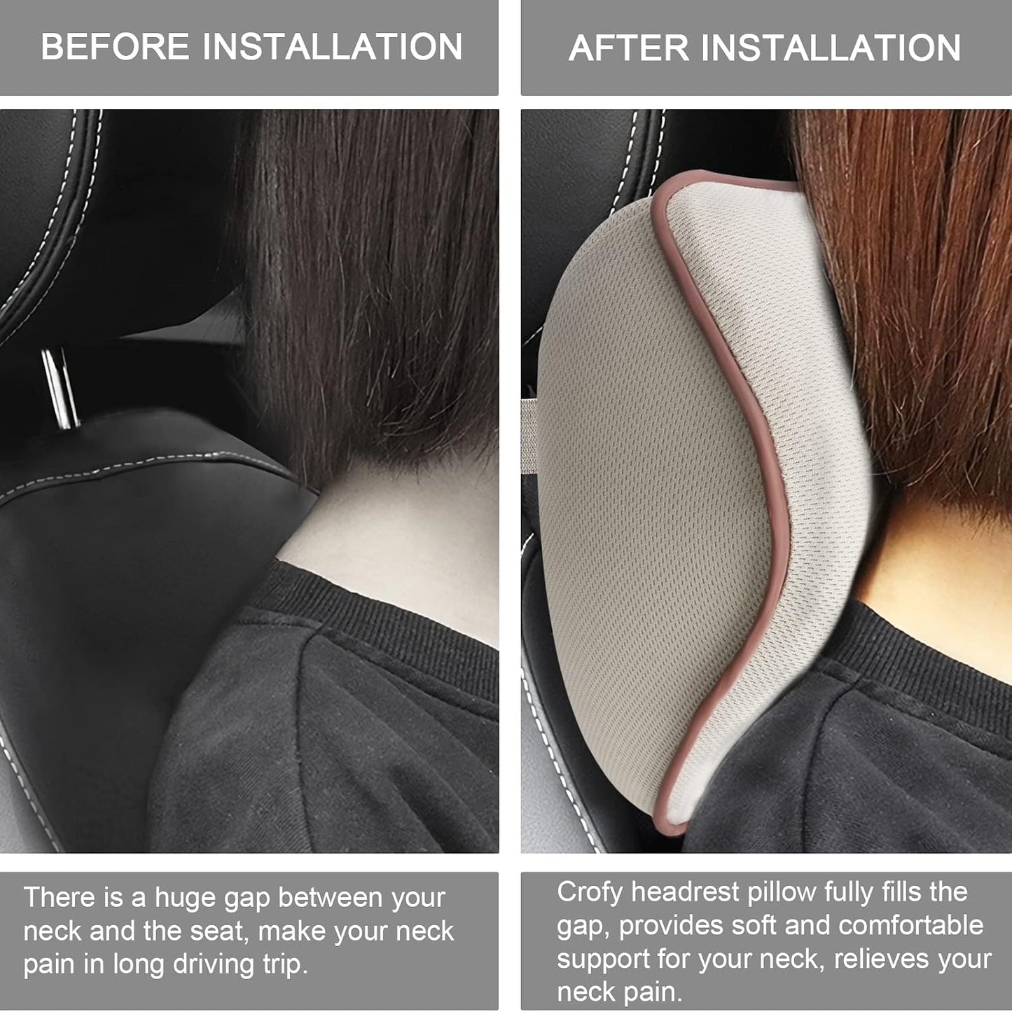 Crofy 2-Pack Car Neck Pillow, Headrest Pillow with Adjustable Strap, Gray | Soft Memory Foam; Ergonomic Design Fits Most Car & Office Chairs; Breathable Removable Pillow Cover Is Machine Washable