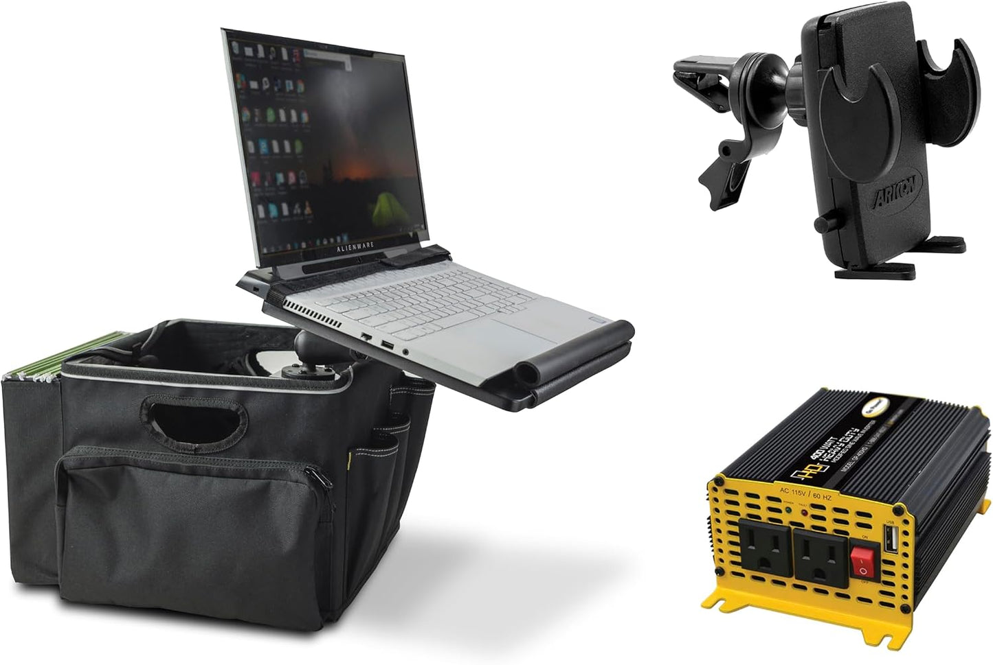 AutoExec Milkcrate Vehicle and Mobile Office Work Station with Apron Organizer, Laptop Tray, 400 watt Power Inverter and Phone Vent Clip