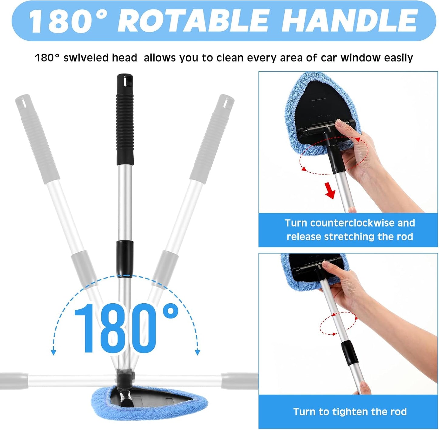 Baderke 10 Pcs Windshield Cleaner Tool Car Window Cleaning Supplies with Extendable Handle Include 6 Washable Microfiber Bonnets 2 Empty 60ml Spray Bottle Glass Wiper Kit(Light Blue)