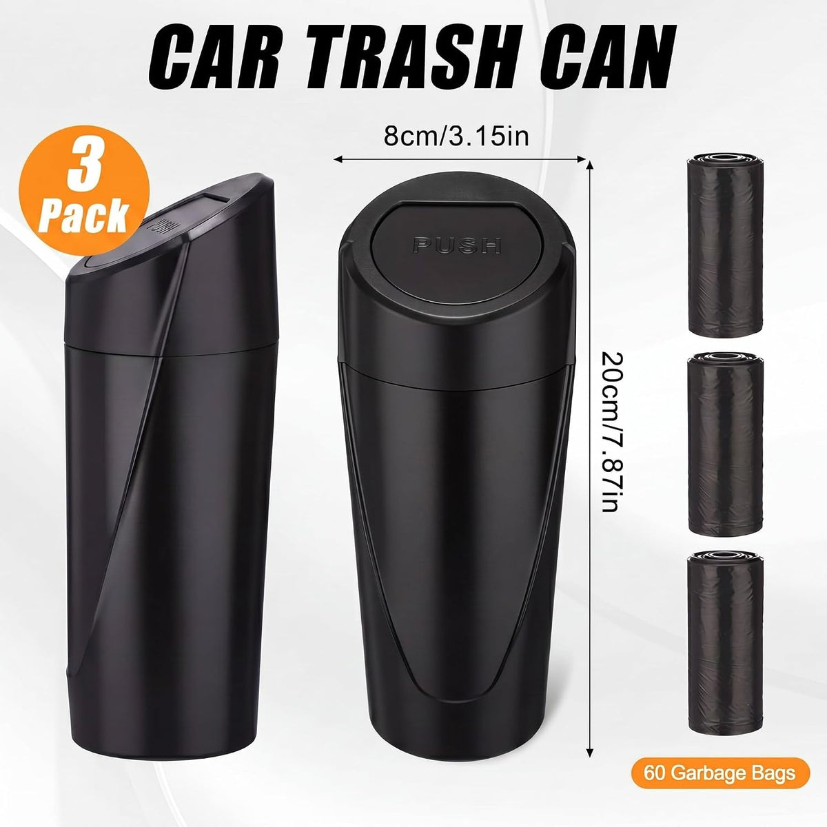 Outus 3 Pack Car Trash Can with Lid, Leakproof Car Garbage Can Cup Holder with 60 Bags Mini Trash Cans for Cars, Small Vehicle Garbage Bin for Cars, Office, Home, Bedroom, Black