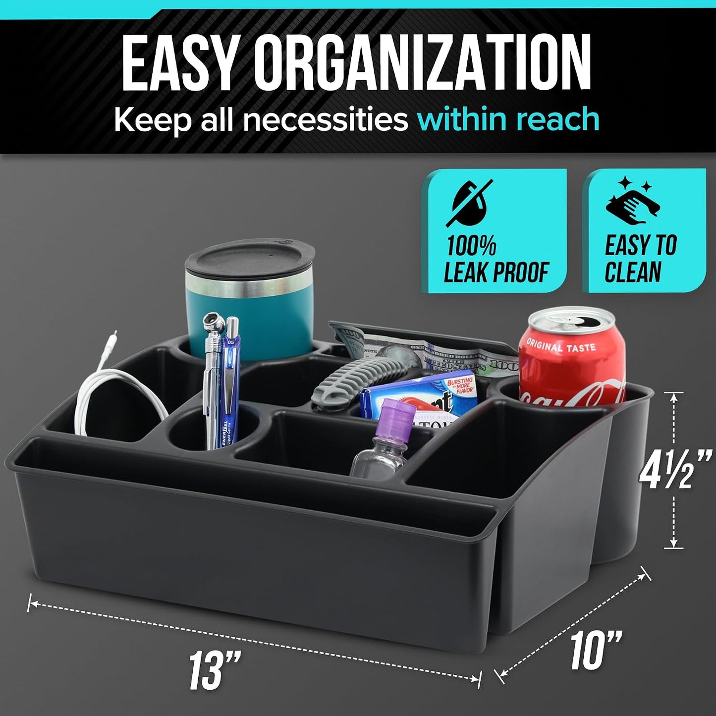 Moblorg Vehicle Seat Organizer Car Storage Caddy with Carrying Handle, 2 Large Cup Holders, 10 Compartments, Hidden Extra Storage, Fits Most Vehicles, Made in USA from Recycled Plastic