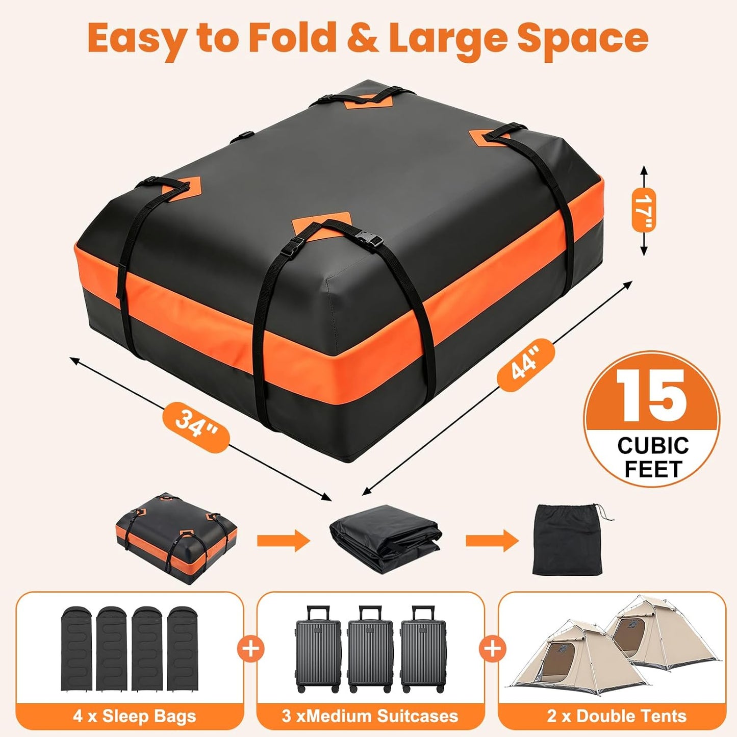 15 Cubic Feet Heavy Duty Waterproof Car Rooftop Cargo Carrier Bag | for All Vehicles with/without Rack, Includes Anti-Slip Mat, Reinforced Straps, Door Hooks, Storage &amp; Luggage Lock