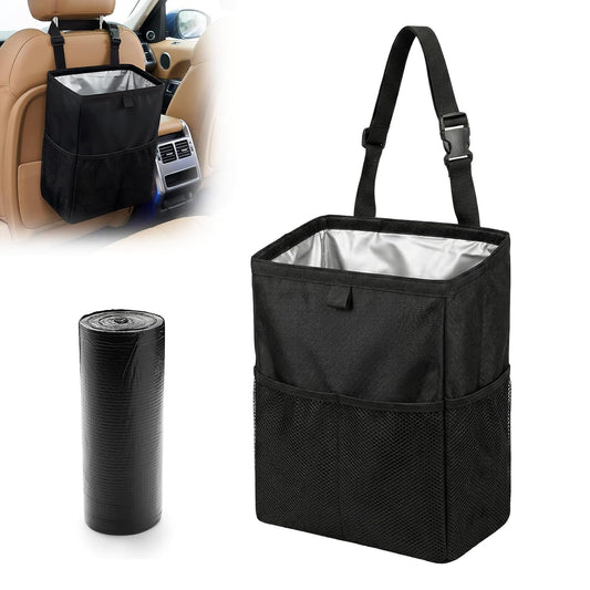 Waterproof Car Trash Bag with 50 Garbage Bag, 3.5 Gallon Hanging Leak-Proof Car Garbage Can for Back Seat with Storage Pockets, Foldable Hanging Trash Bin for Camping & Road Trips (Black)