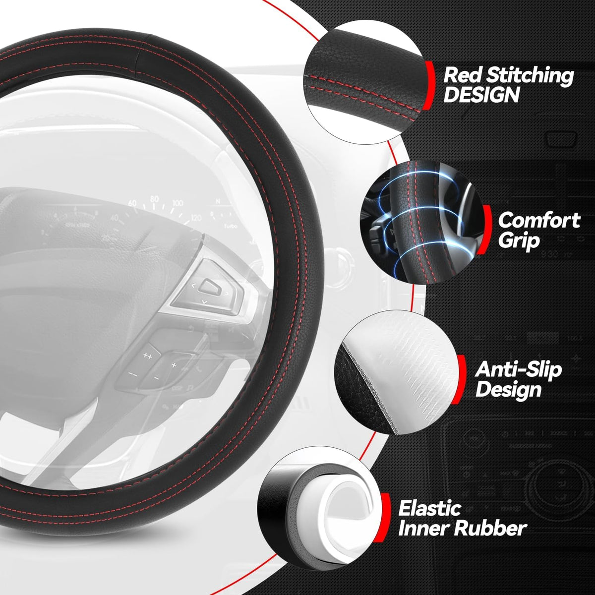Auto Dynasty Leather Car Steering Wheel Cover Universal 14.5-15 Inch