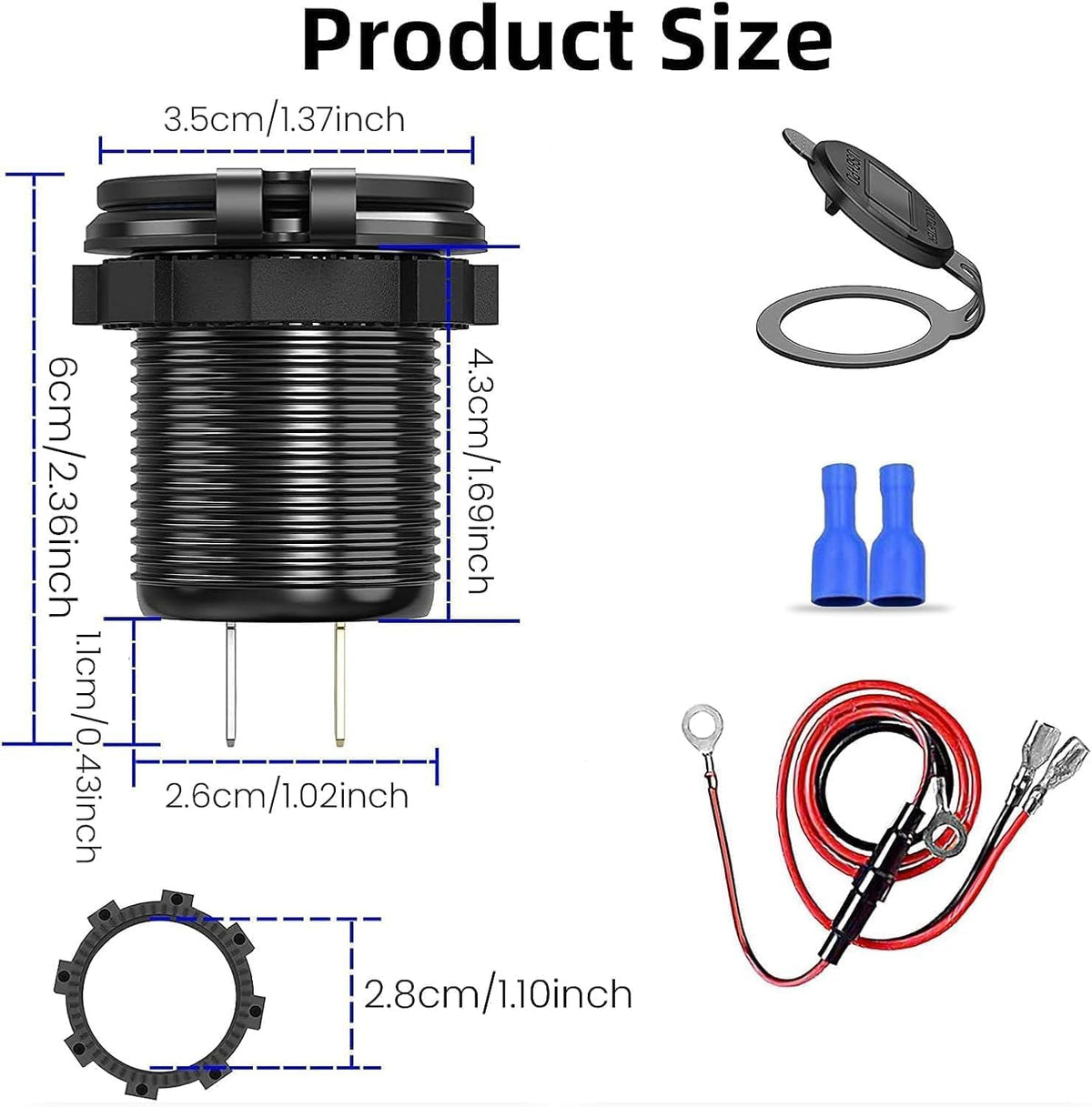 12V USB Car Socket, 3-Port Marine Aluminum USB Quick Charge Waterproof Cigarette Round USB C 12V Outlet for Car Golf Cart Boat Marine Bus Truck RV Marine Motorcycle etc(2QC+1PD(1Pack))