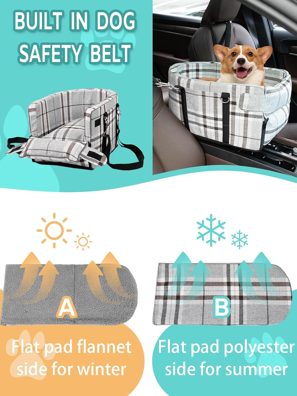 Prpeko Small Dog Car Seat, Portable Dog Seat with Soft Washable Cushion,Center Console Dog Car Seat for Small Dogs Up to 13lbs(Grid Grey)