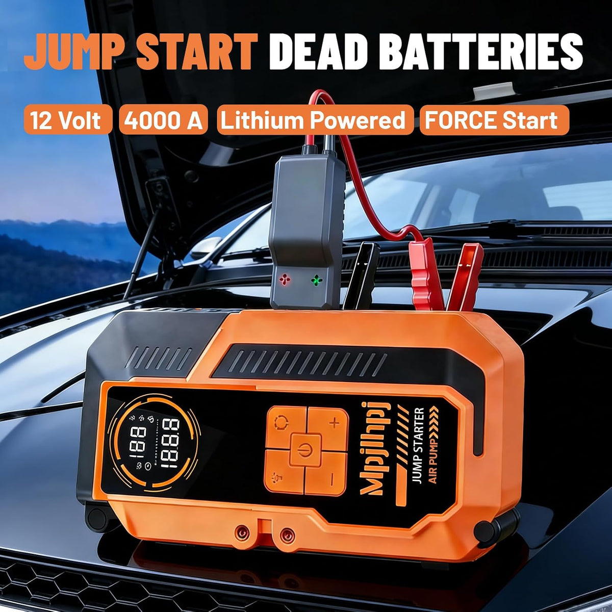 Jump Starter with Air Compressor, 4000A Battery Jumper Starter Portable (8L Gas/6L Diesel) with 150PSI Auto-Shutoff Tire Inflator, 12V Jump Box Car Battery with Lights,Gloves,Car Emergency Kit