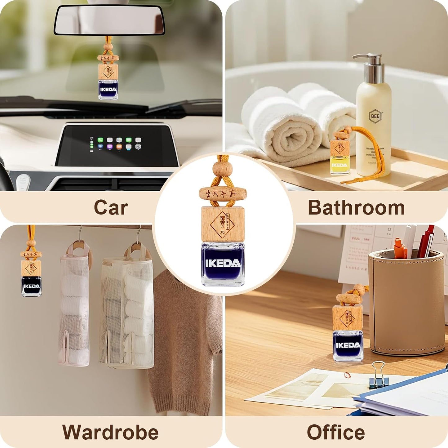 Ikeda Car Air Freshener, Hanging Essential Oil Diffuser For Automotive, 45+ days Long Lasting Fragrance, Includes: Dark Night and Coconut and New Car (10ml Pack of 3)