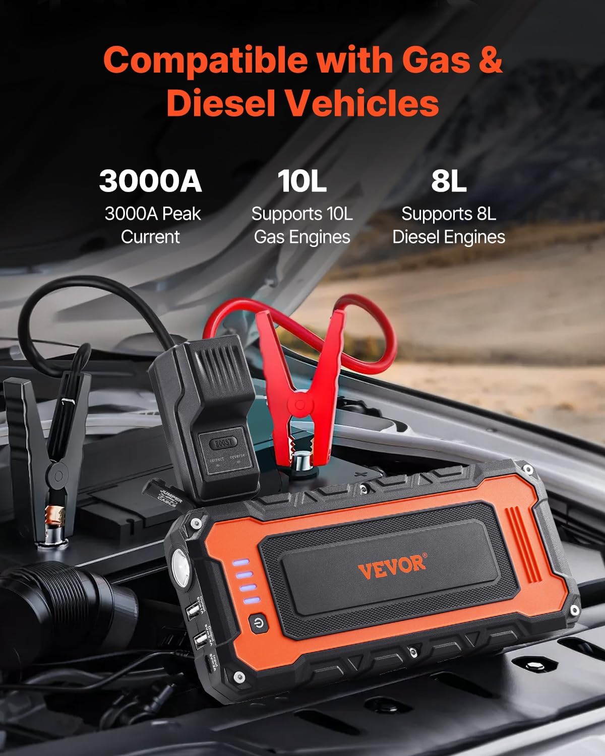 VEVOR Jump Starter, 3000A Peak, Car Battery Starter Power Pack, Portable Battery Booster with Air Compressor Jumper Cables LCD Display LED Light, Lithium Jump Box for up to 10L Gas/8L Diesel Engines