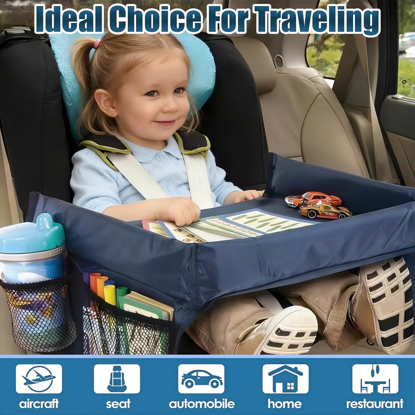 Kids Travel Tray for Car Seat - Toddler Road TripEssentials with Drawing Kit, Lap Desk Organizer for Car &Airplane