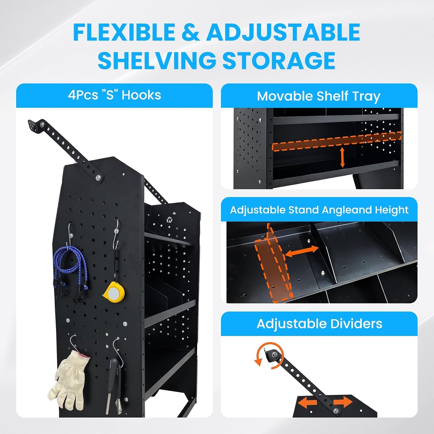 Steel Cargo Van Shelving Storage System Adjustable Height Fit for Ford Transit Connect 2014+, Ram Promaster City, Chevy City Express, NV200 32" W x 43" H x 13" D