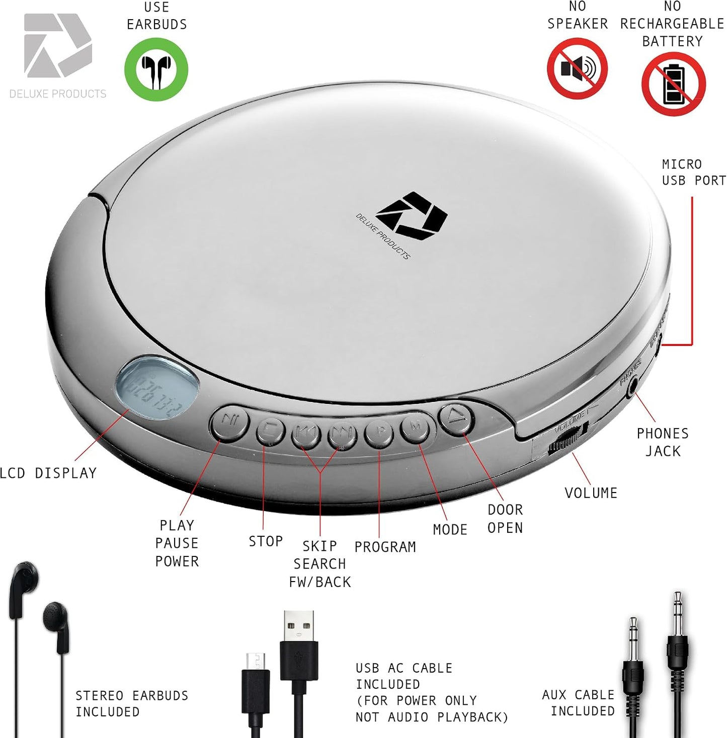 Deluxe Products CD Player Portable with 60 Second Anti Skip, Stereo Earbuds, Includes Aux in Cable and AC USB Power Cable for use at Home or in Car. Silver