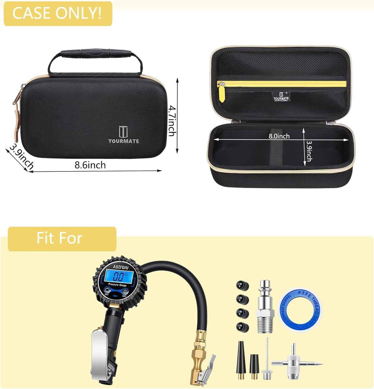 Tourmate Hard Storage Case for JACO Superior Products/FlowPro Digital/FlowPro 2.0 Digital/Tire Pressure Gauge,Travel Case for FlowPro Inflator 60/100/150/200/250 PSI (Only Box) (Black & Gold, M)