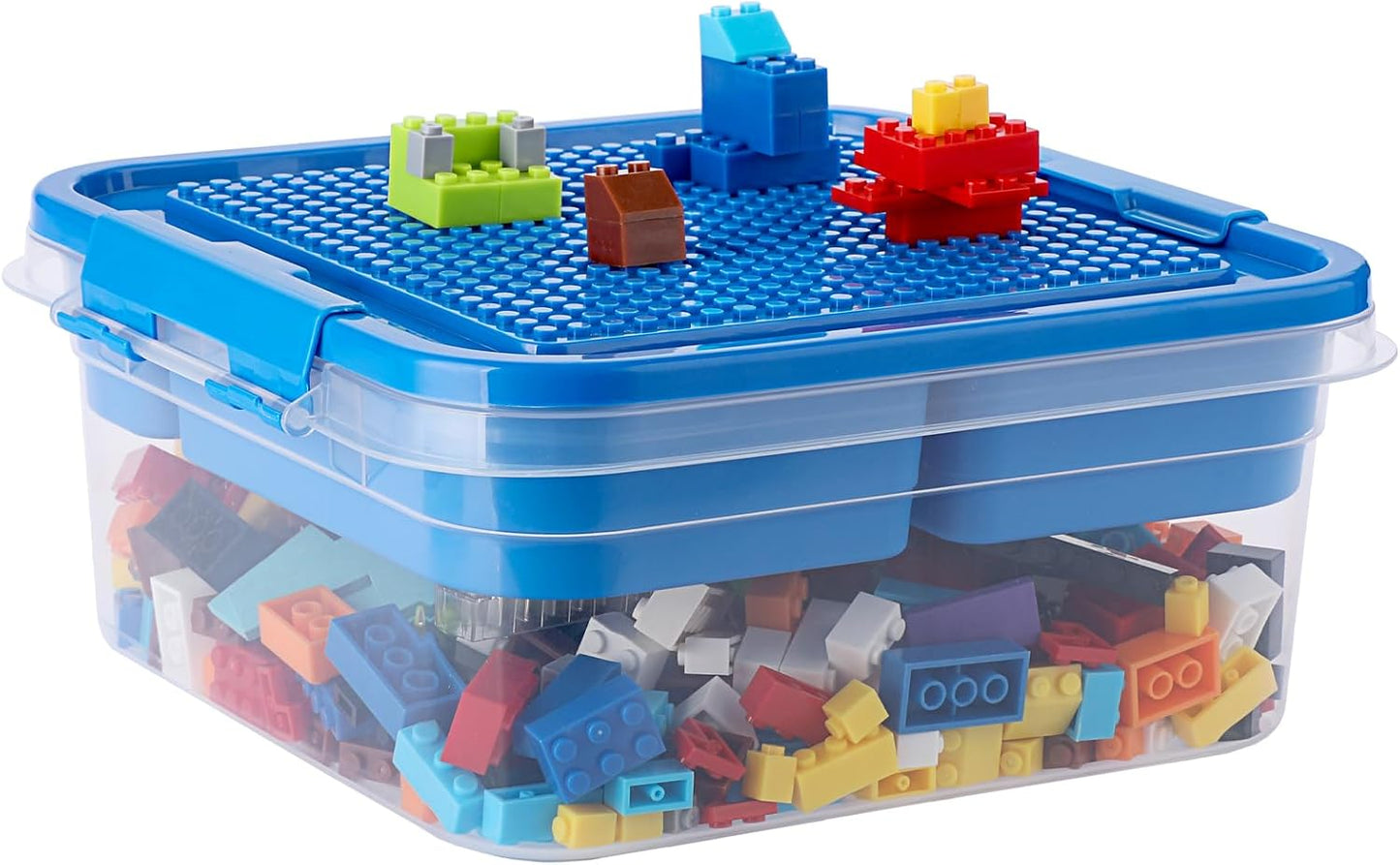 Plastic Storage Container with Bricks Baseplate Lid for Building Blocks, Bricks Building Set Organization Bin with Compartments Tray, Stackable Storage Box Building Block Chest Case (Red)